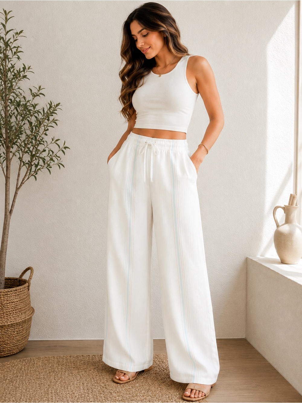 Calvin Klein Women’s White Striped Wide-Leg Pants Drawstring Pockets Size L - Picture 1 of 13